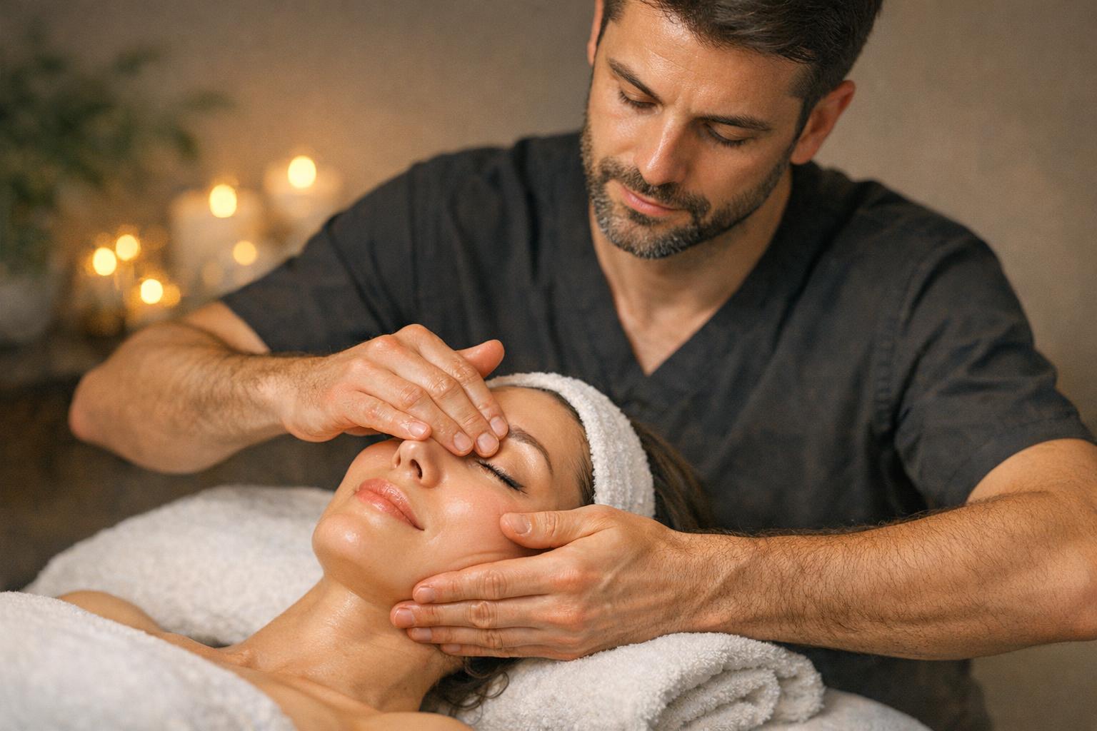 zdjęcie terapeuty wykonującego masaż Kobido na twarzy klienta