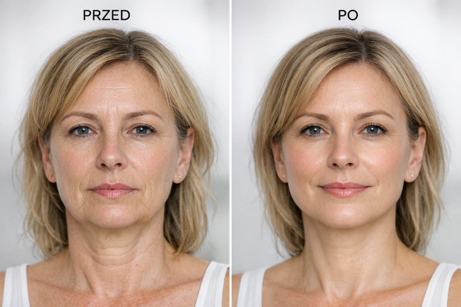 zdjęcie przed i po serii masaży Kobido ukazujące poprawę owalu twarzy